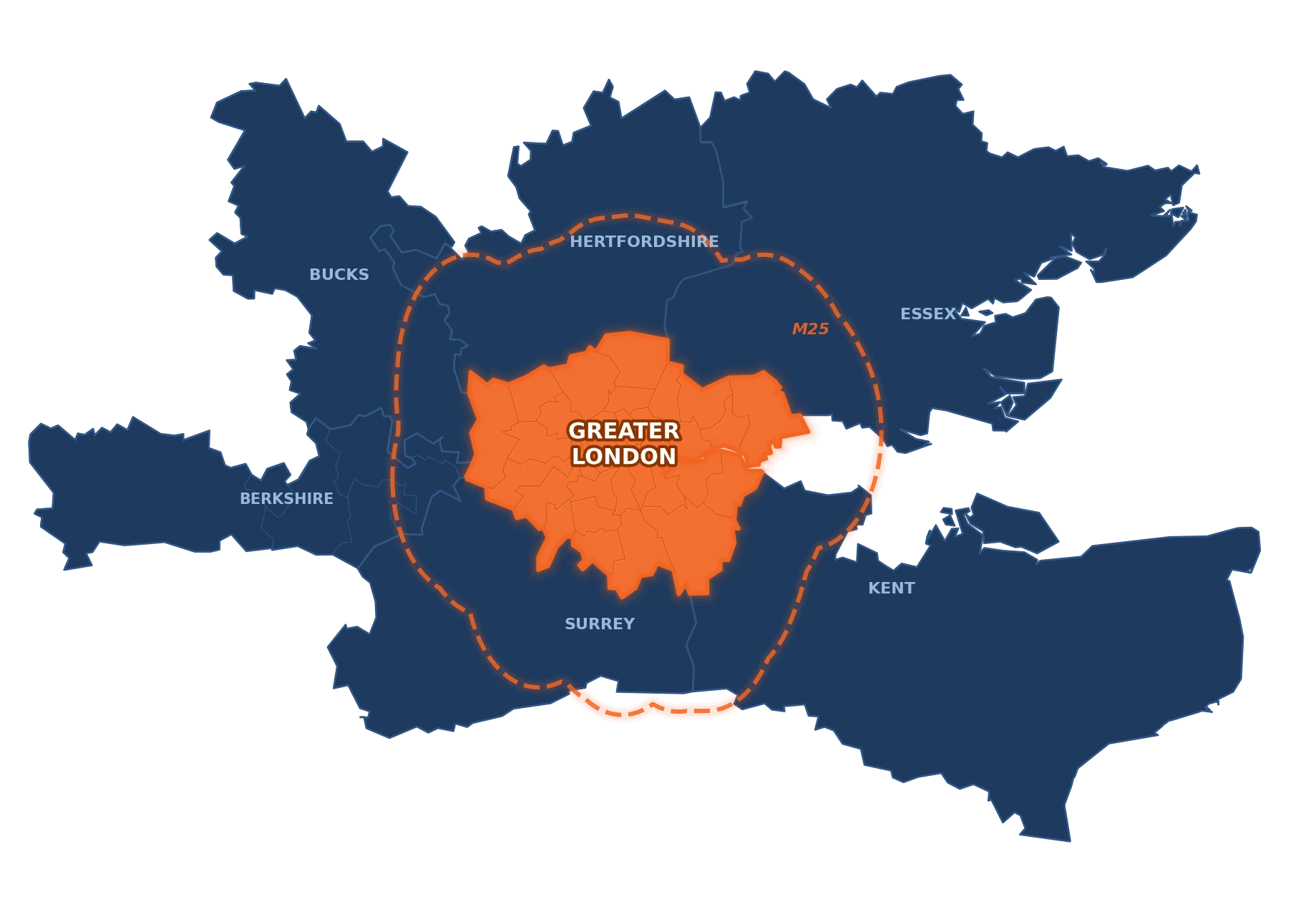 UK coverage map showing Batra.ai service area across London and the M25 corridor