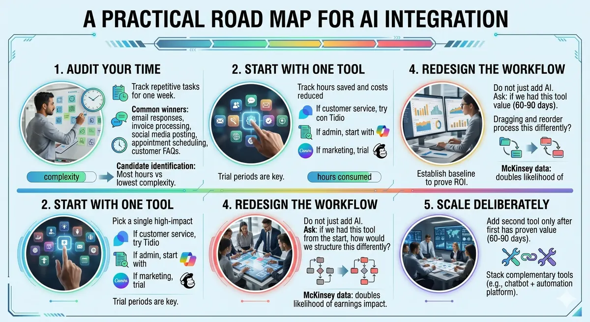 Infographic showing a practical five-step roadmap for small businesses adopting AI: audit time, start with one tool, measure results, redesign workflows, and scale deliberately