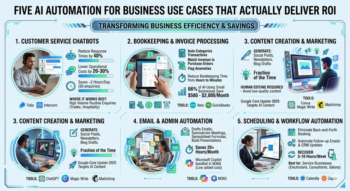 Infographic showing five AI automation use cases for business: customer service chatbots, bookkeeping, content creation, email automation, and workflow scheduling