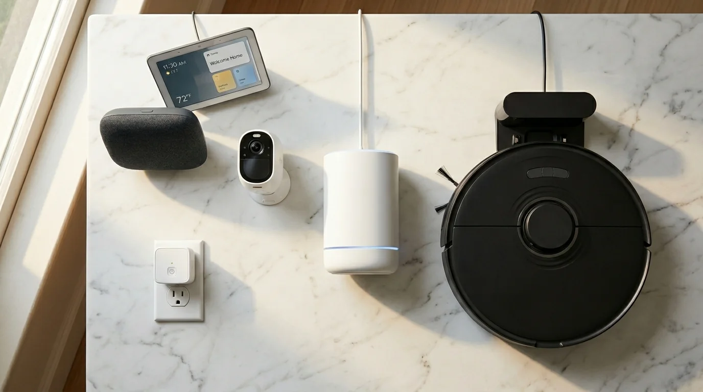 Smart home technology devices including thermostats, cameras and voice assistants