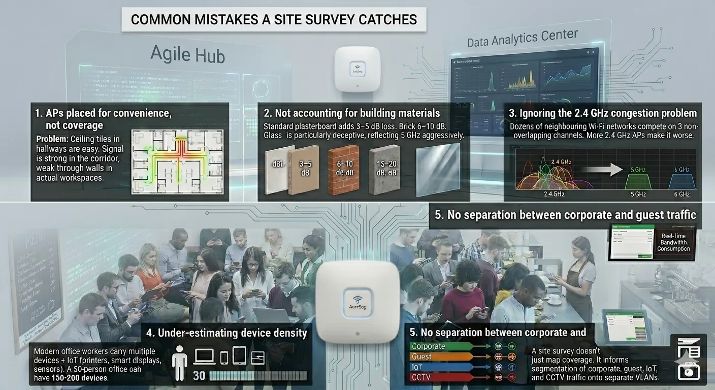 Infographic showing five common Wi-Fi deployment mistakes that a professional site survey catches: AP placement, building materials, 2.4 GHz congestion, device density, and network segmentation