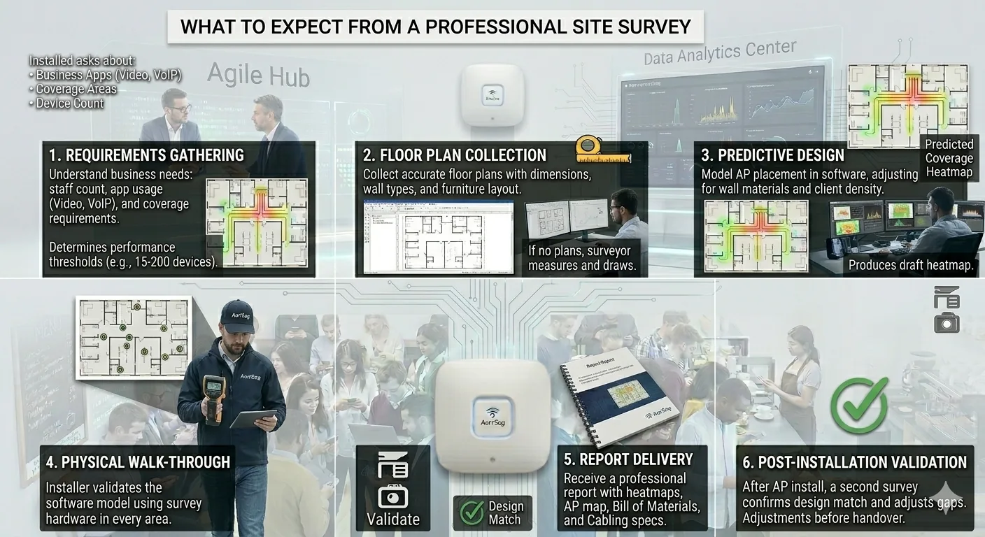 Infographic showing the six steps of a professional Wi-Fi site survey: requirements gathering, floor plan collection, predictive design, physical walk-through, report delivery, and post-installation validation