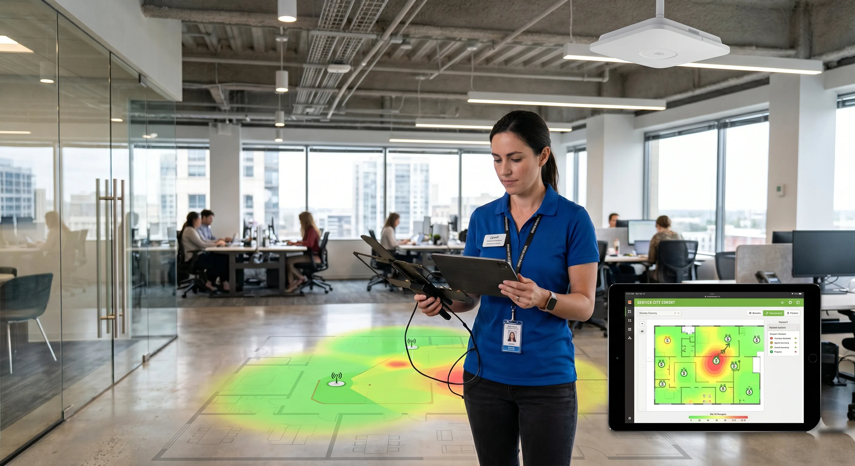 Engineer conducting Wi-Fi site survey with heatmap overlay in modern office