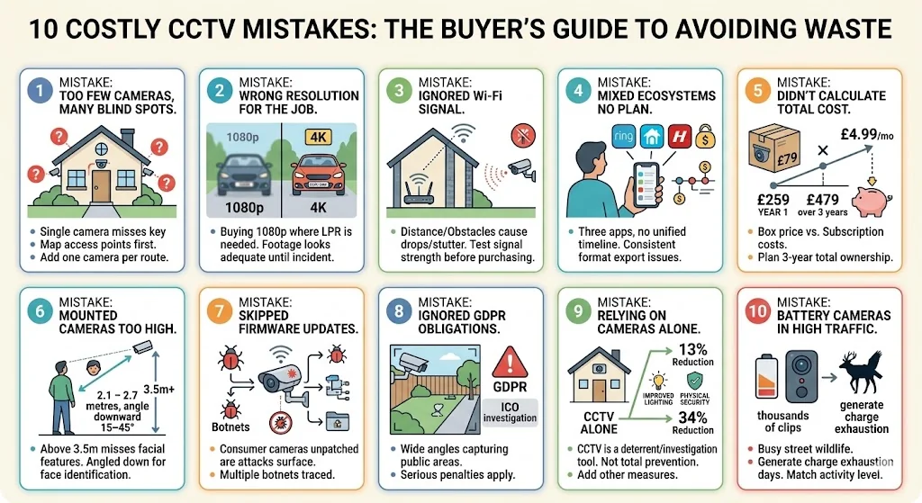 Ten common CCTV mistakes to avoid — a visual summary of the most costly installation and planning errors