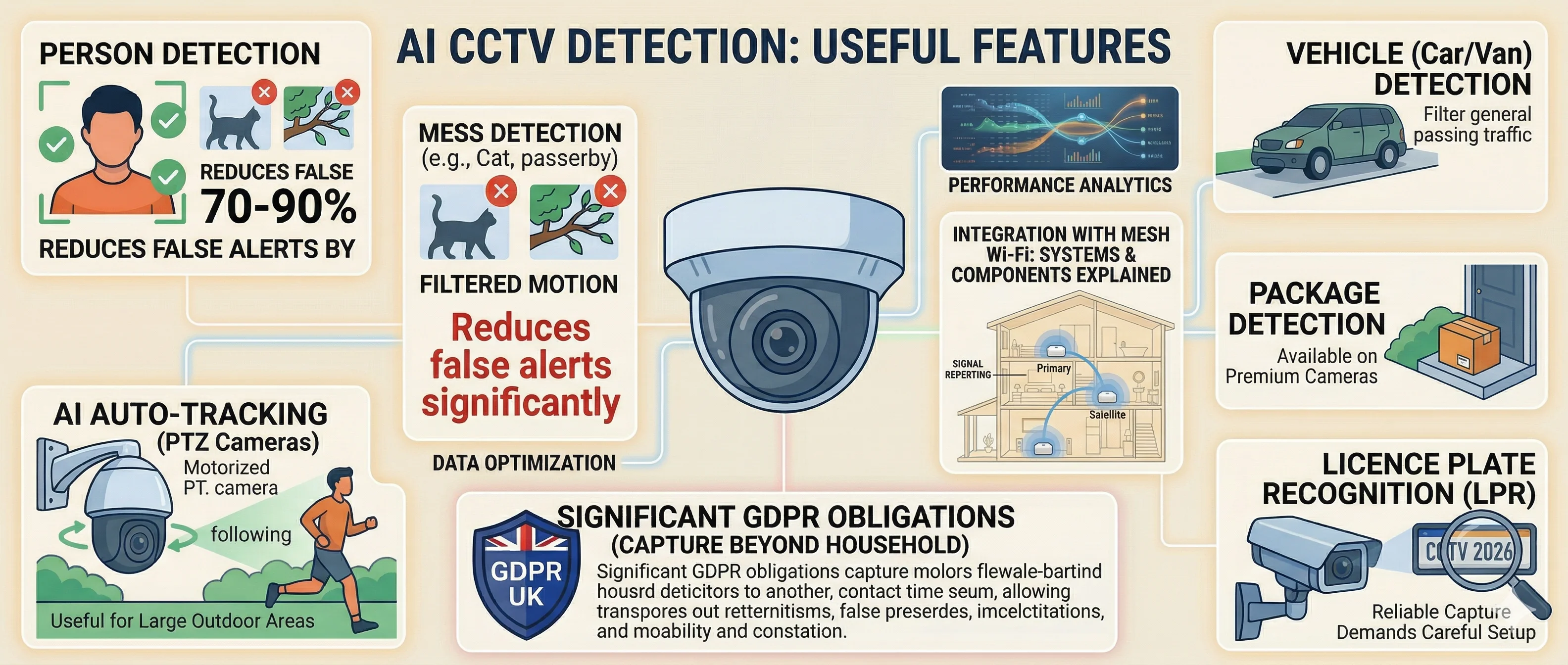 AI CCTV detection features overview — person detection, vehicle detection, LPR, package detection and more