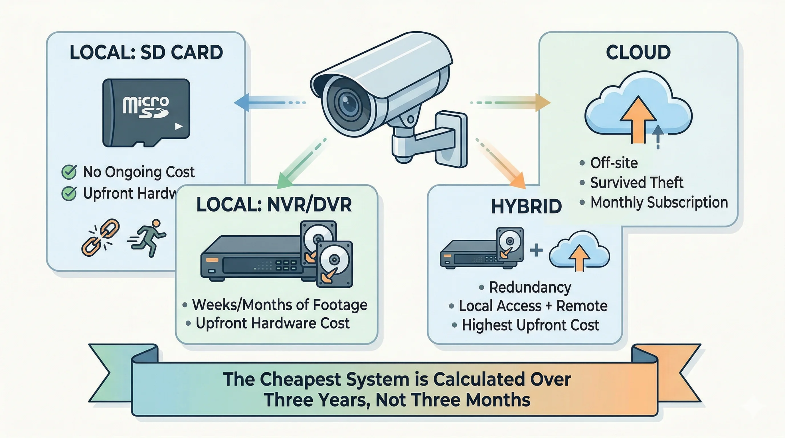 CCTV storage options compared — cloud storage, local NVR/SD card storage, and hybrid approaches