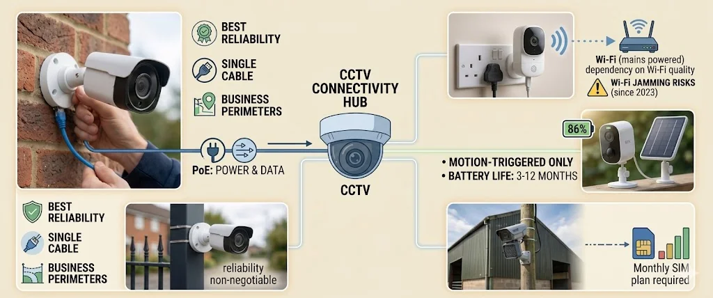 Wired vs wireless vs battery CCTV cameras compared — pros, cons and best use cases for each connection type