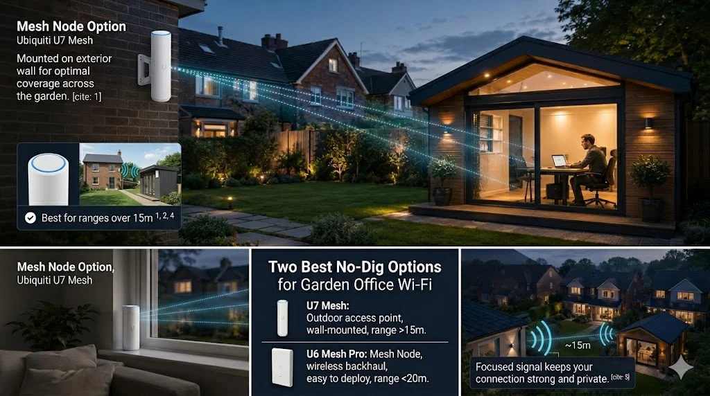 Outdoor Wi-Fi access point mounted on a garden office — mesh node installation example