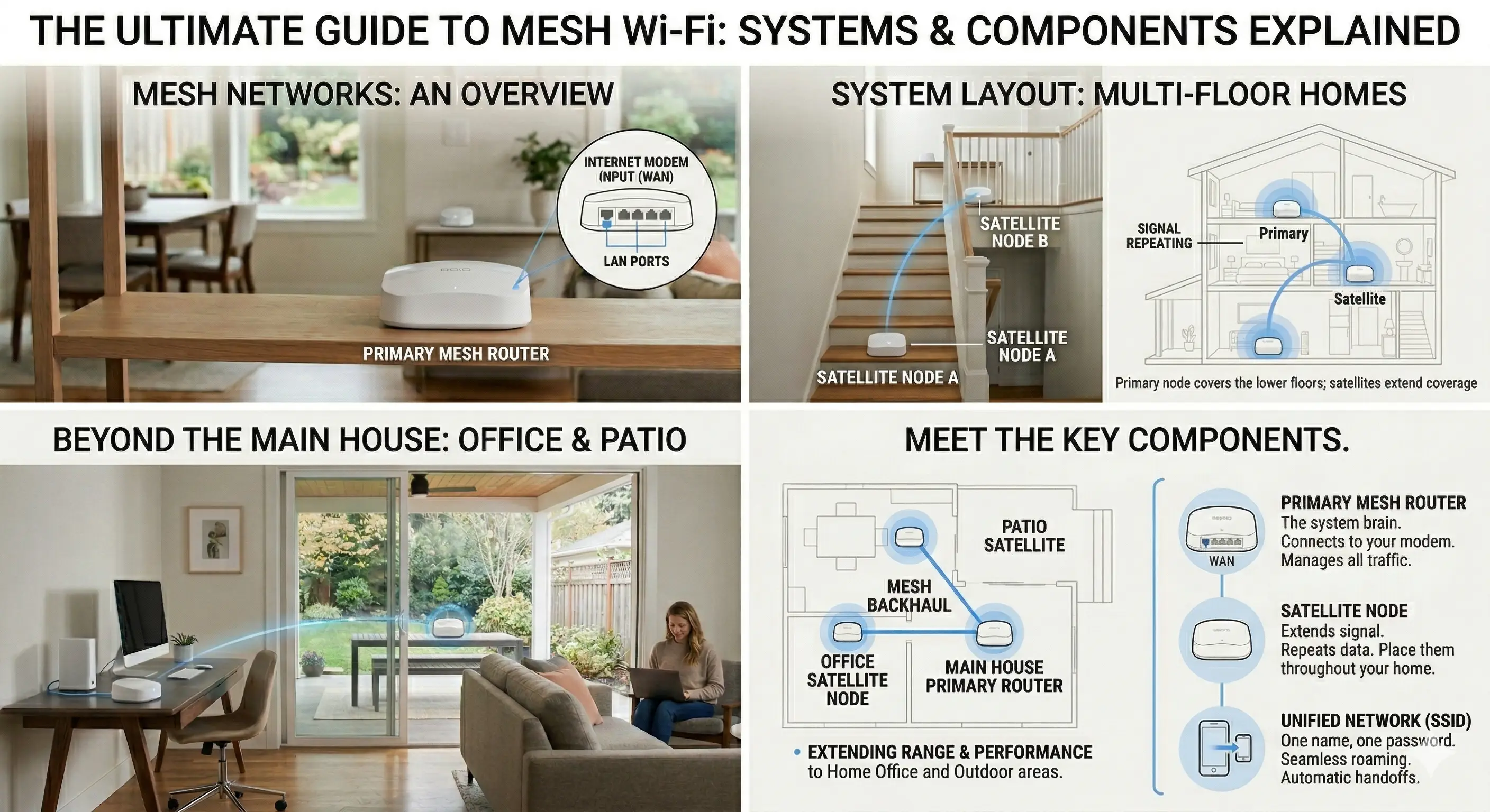 Mesh Wi-Fi system diagram showing primary router and satellite nodes covering a home