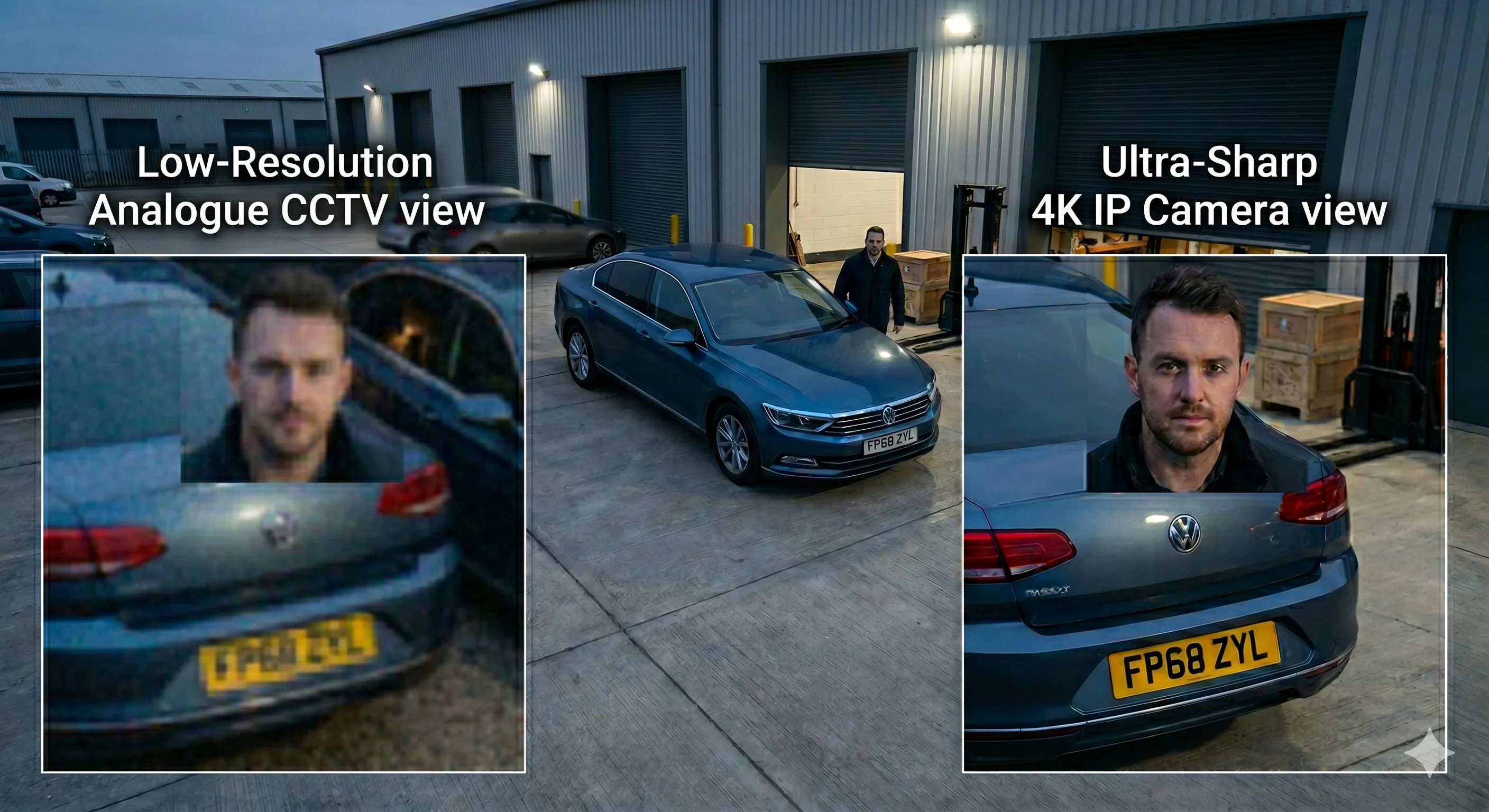 CCTV resolution and image quality comparison for commercial premises, showing detail differences between analogue and IP camera systems