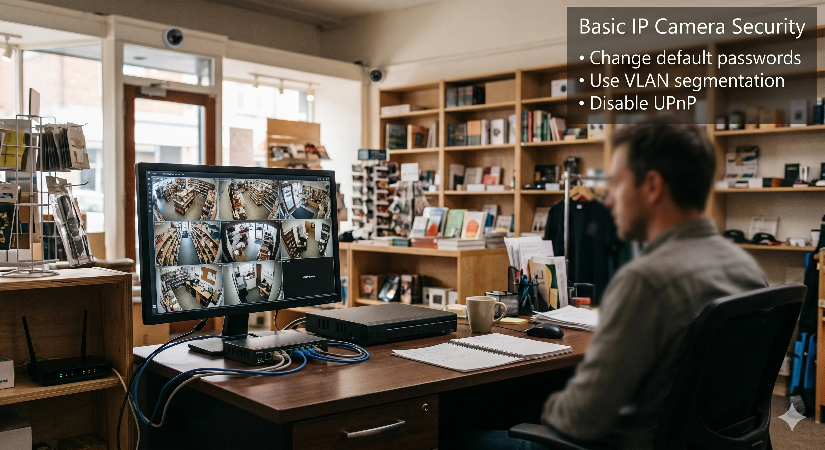 Infographic showing why changing default credentials immediately is critical for IP camera cybersecurity, with examples of common default password vulnerabilities