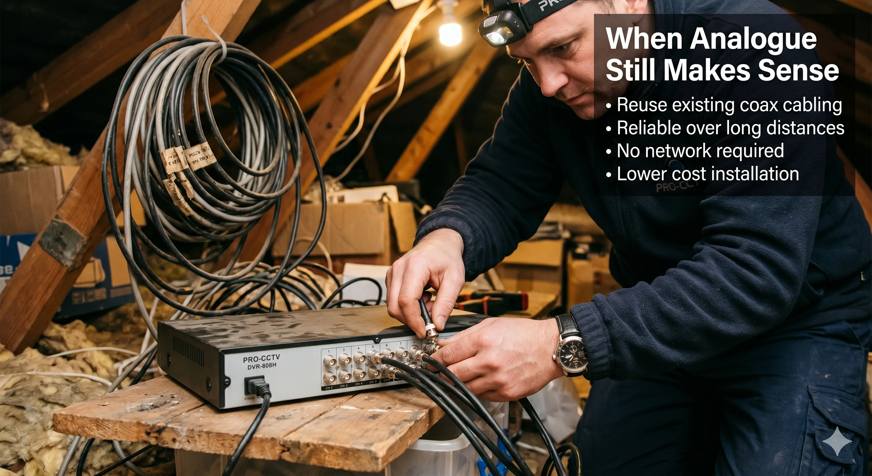 Why choose analogue CCTV - existing coax infrastructure reuse, long cable runs over 250 metres, and budget-friendly 1080p monitoring