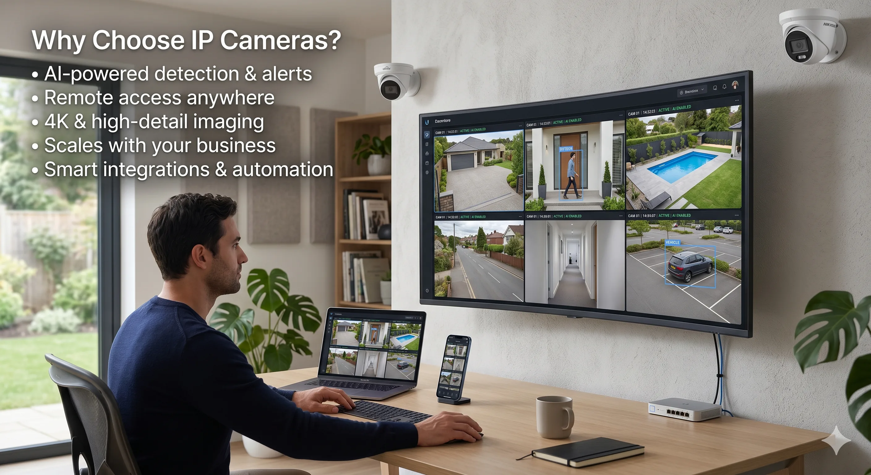 Why choose IP cameras - AI analytics, remote access, 4K resolution, scalability, smart home integration and multi-site management