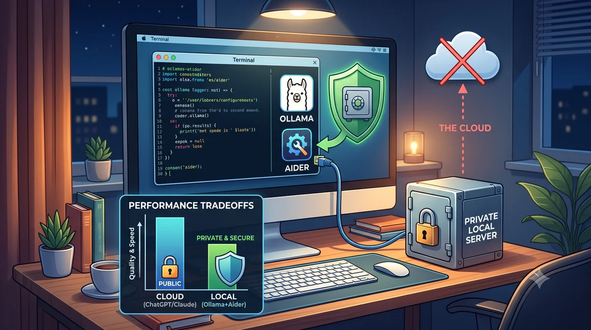 Illustration of a home desk setup with Ollama and Aider connected to a private local server, a crossed-out cloud icon, and a performance tradeoffs chart comparing cloud and local AI