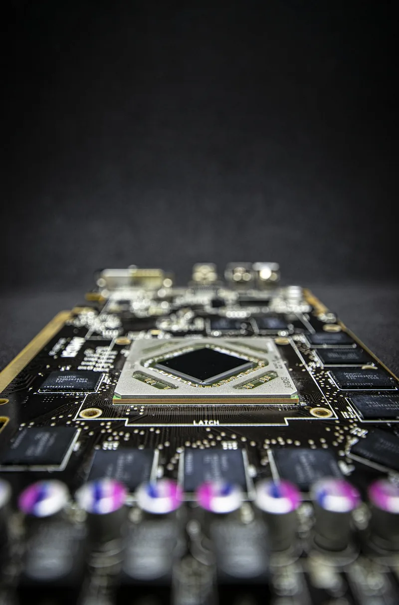 Close-up of a graphics card circuit board, the hardware that determines how large a local LLM you can run
