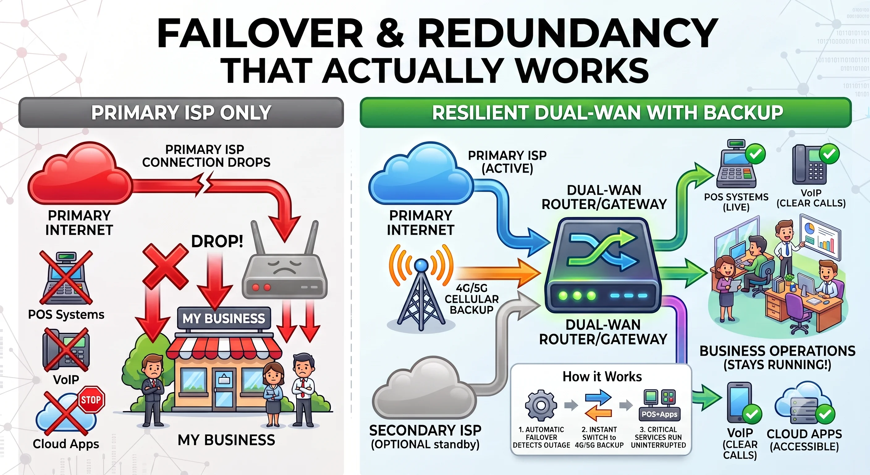 Business continuity networking — dual-WAN failover keeping a business connected when the primary ISP goes down