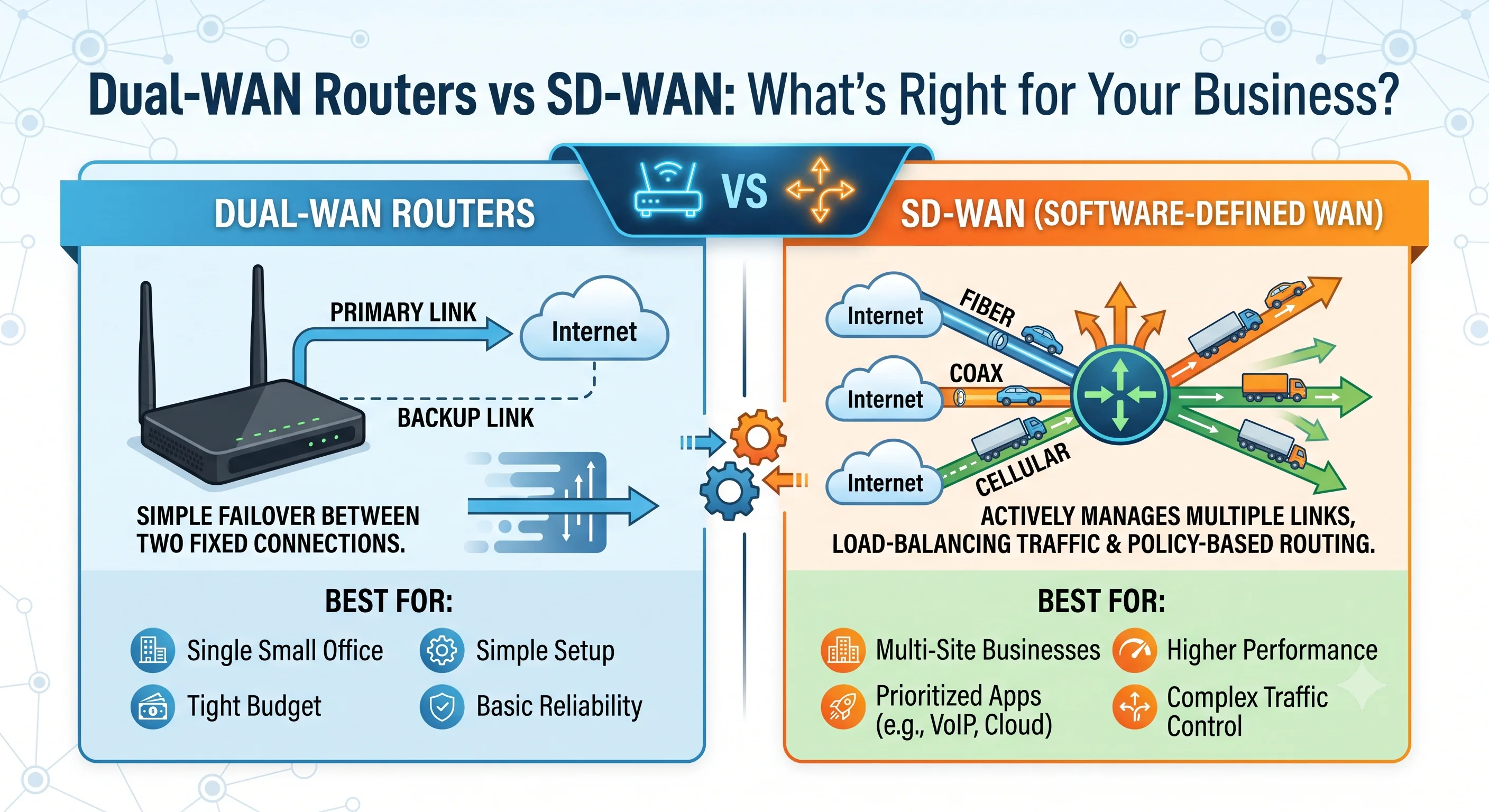 Diagram comparing a dual-WAN router setup against an SD-WAN multi-site setup