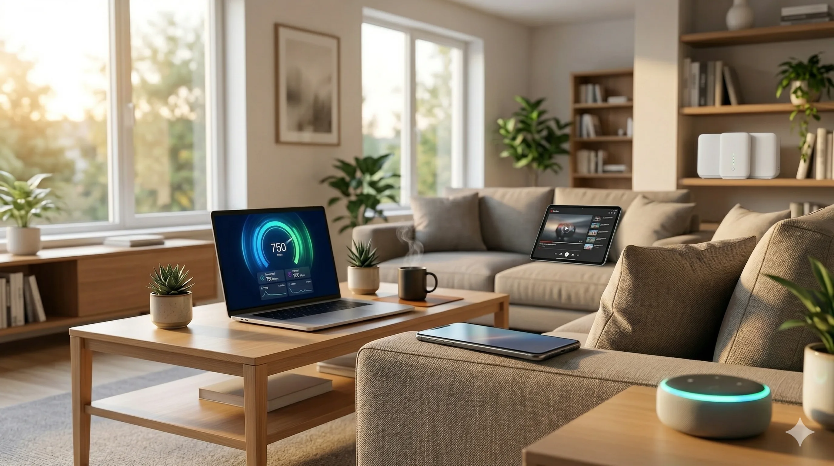 Modern living room with multiple connected devices in use — laptop, smartphone, smart speaker, and tablet — with a Wi-Fi mesh router on the bookshelf