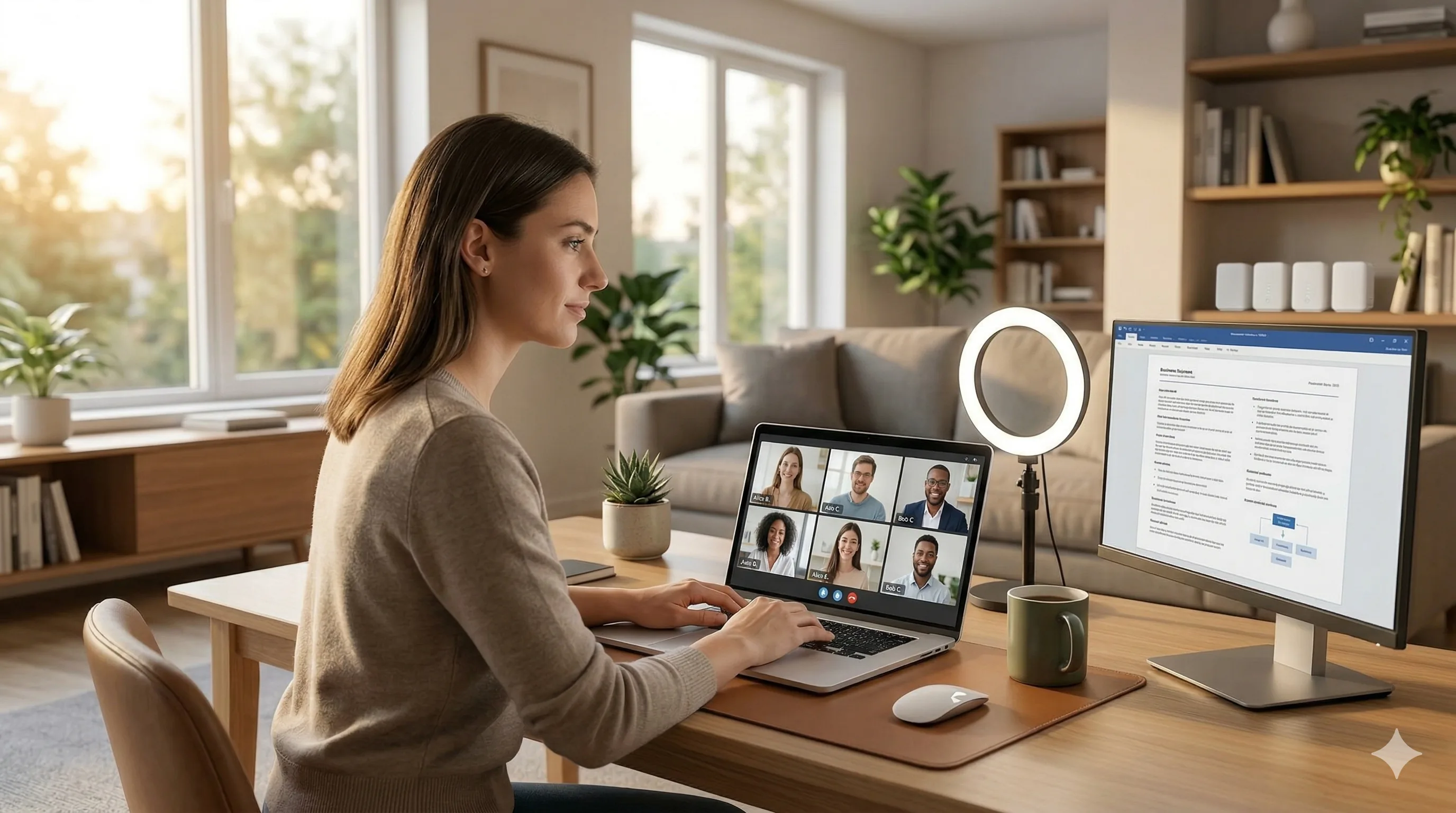 Person working from home on a video call with laptop, external monitor, and ring light, with a Wi-Fi mesh router visible on the bookshelf