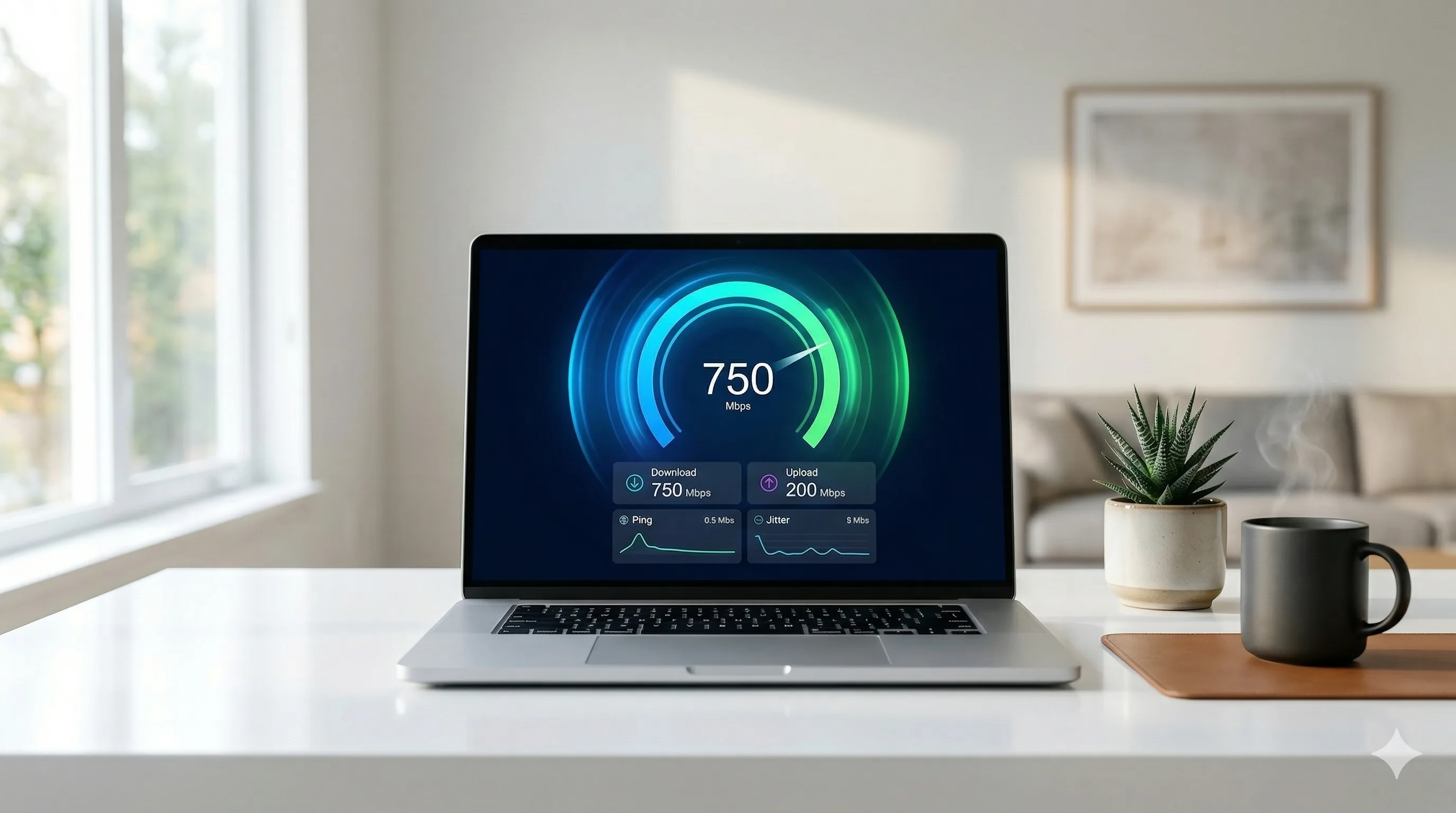 Laptop displaying a Wi-Fi speed test showing 750 Mbps download speed on a clean modern desk