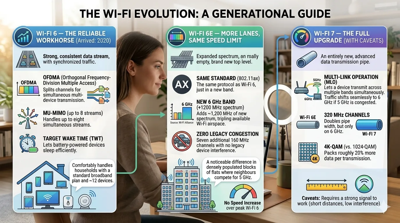 Wi-Fi technology evolution from Wi-Fi 4 through Wi-Fi 7 showing key improvements at each generation