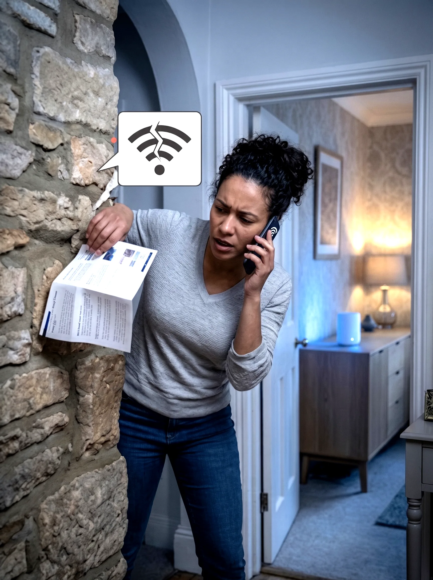 Woman frustrated by Wi-Fi dead zone in her home — no signal indicator showing