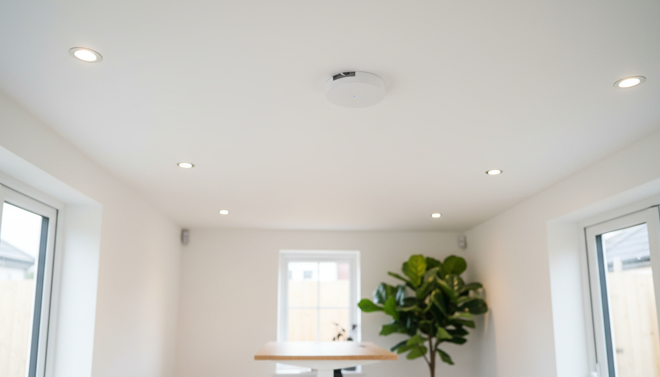 Ubiquiti U7 Pro WiFi 7 access point installed flush on garden office ceiling — installed by Batra.ai