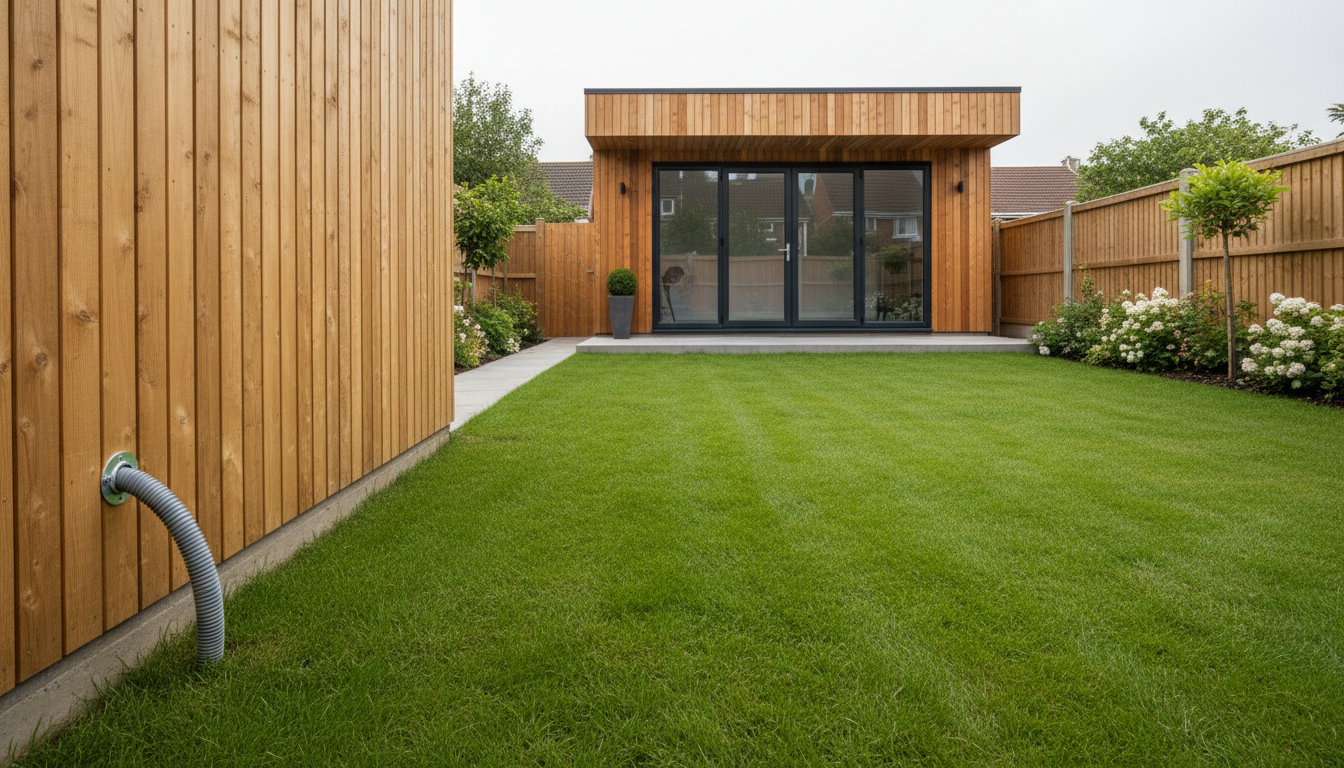 Networking engineer running Cat6a cable in conduit along a garden fence towards a timber garden office