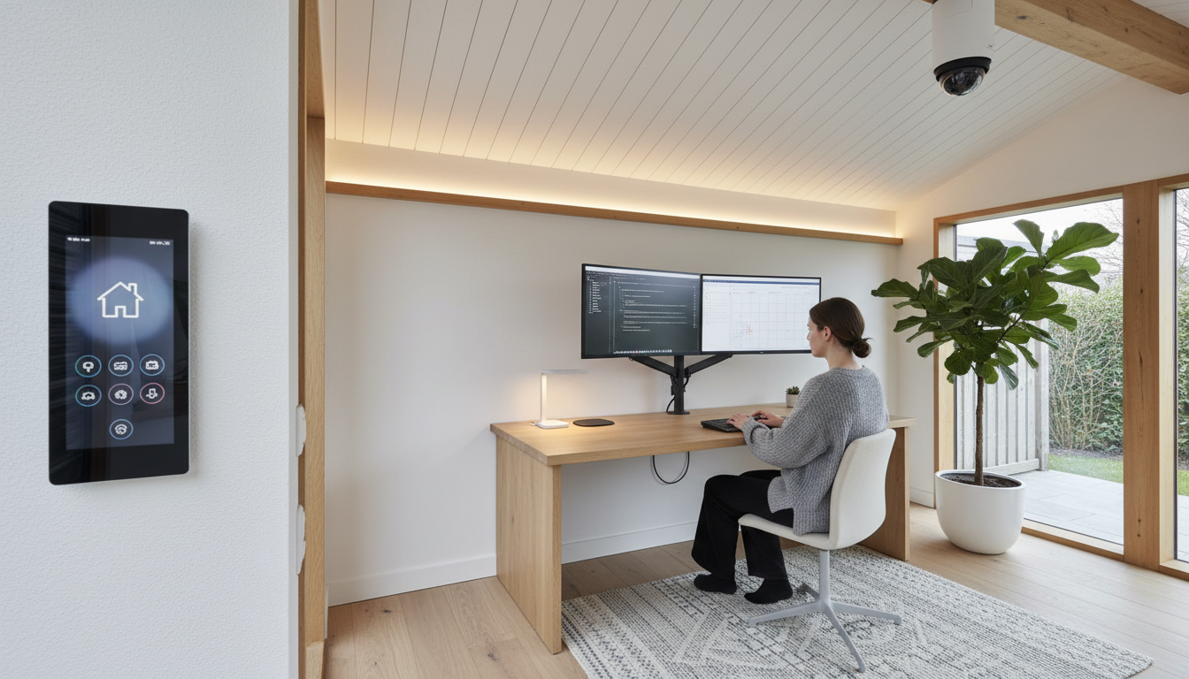 Finished garden office with smart home control panel, CCTV dome camera, smart LED lighting and a connected workspace